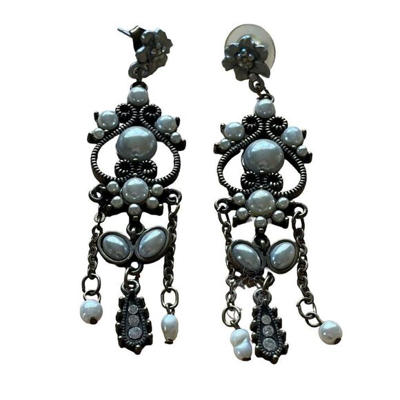 Silver tone earrings crystal rhinestones drop pearl beads holiday gifts for her - Picture 1 of 4